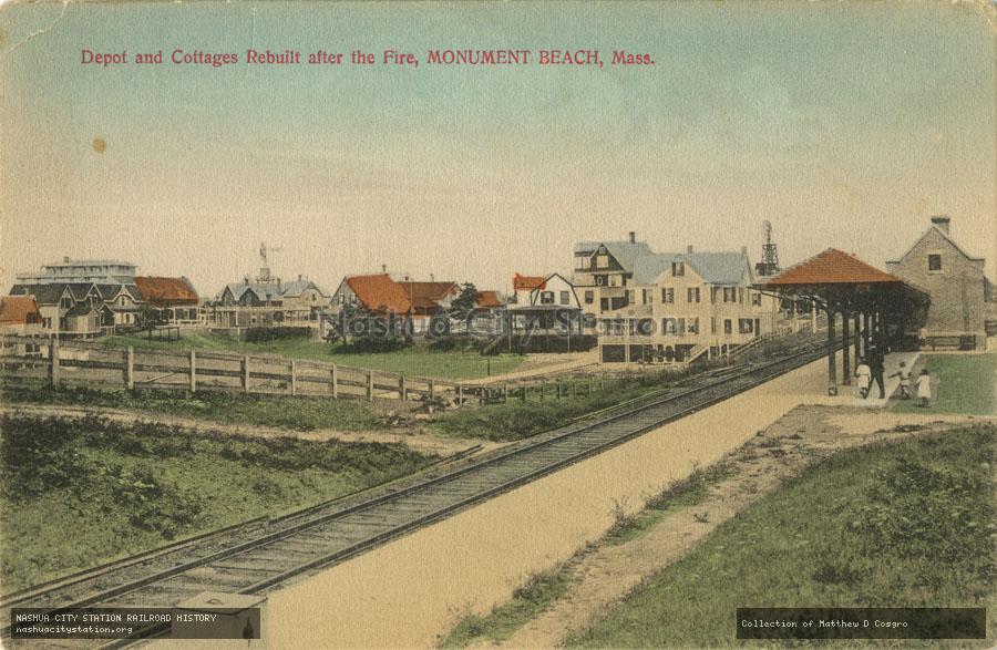 Postcard: Depot and Cottages rebuilt after the fire, Monument Beach, Massachusetts